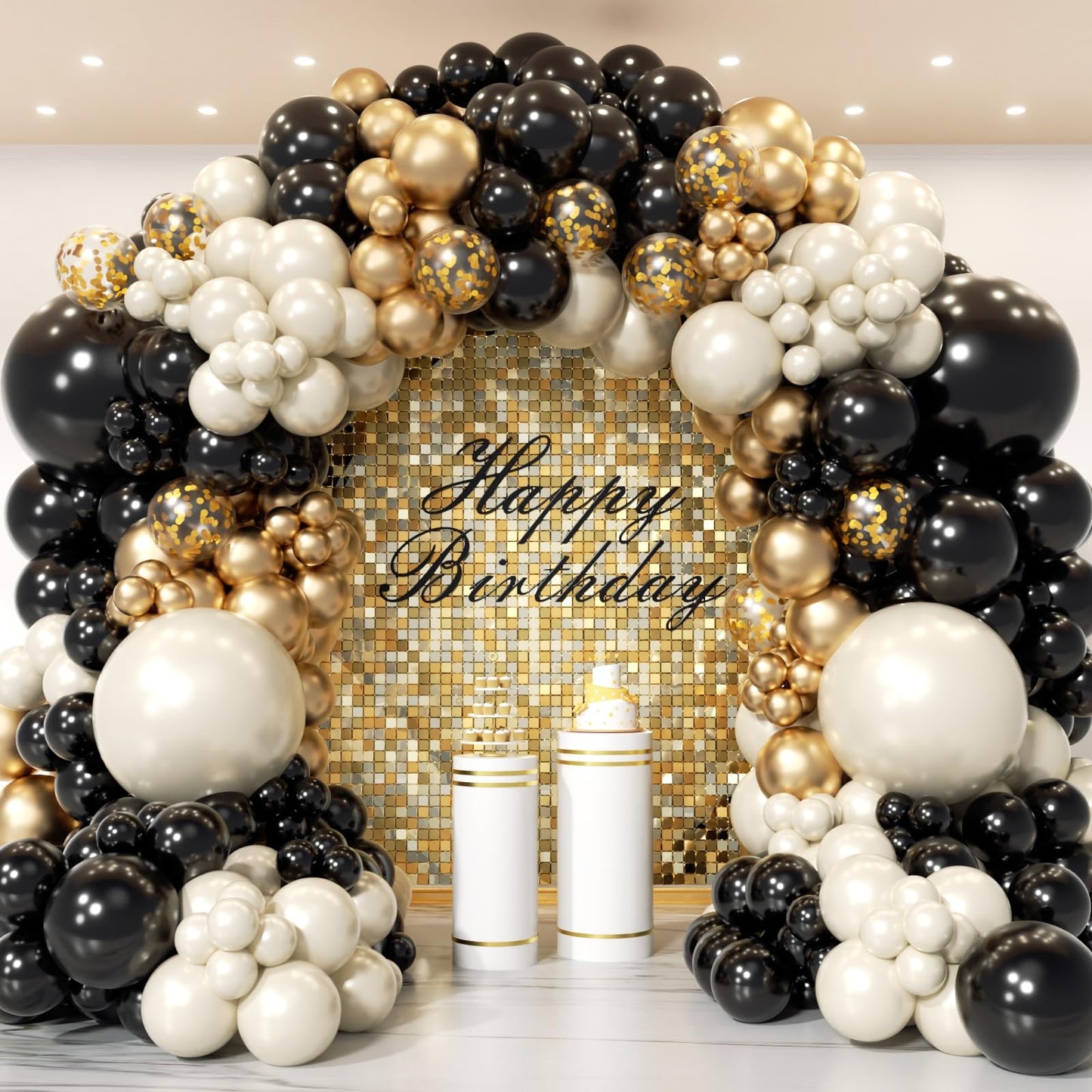 PTGOLUO Black and Gold Balloon Arch Garland Kit 150pcs 2026 New Year's, Double Stuffed Pearl Sand White Black Chrome Gold Balloons Arch Kit for Graduation Father's Day Birthday Party Decoration