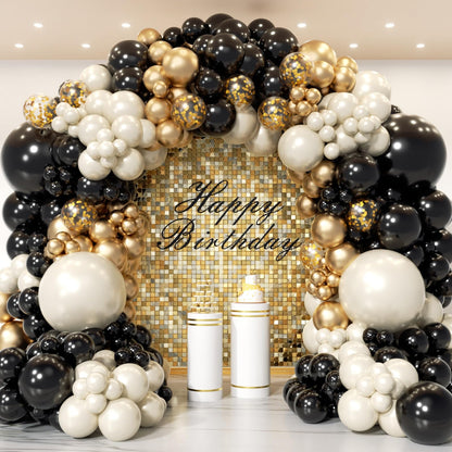 PTGOLUO Black and Gold Balloon Arch Garland Kit 150pcs 2026 New Year's, Double Stuffed Pearl Sand White Black Chrome Gold Balloons Arch Kit for Graduation Father's Day Birthday Party Decoration