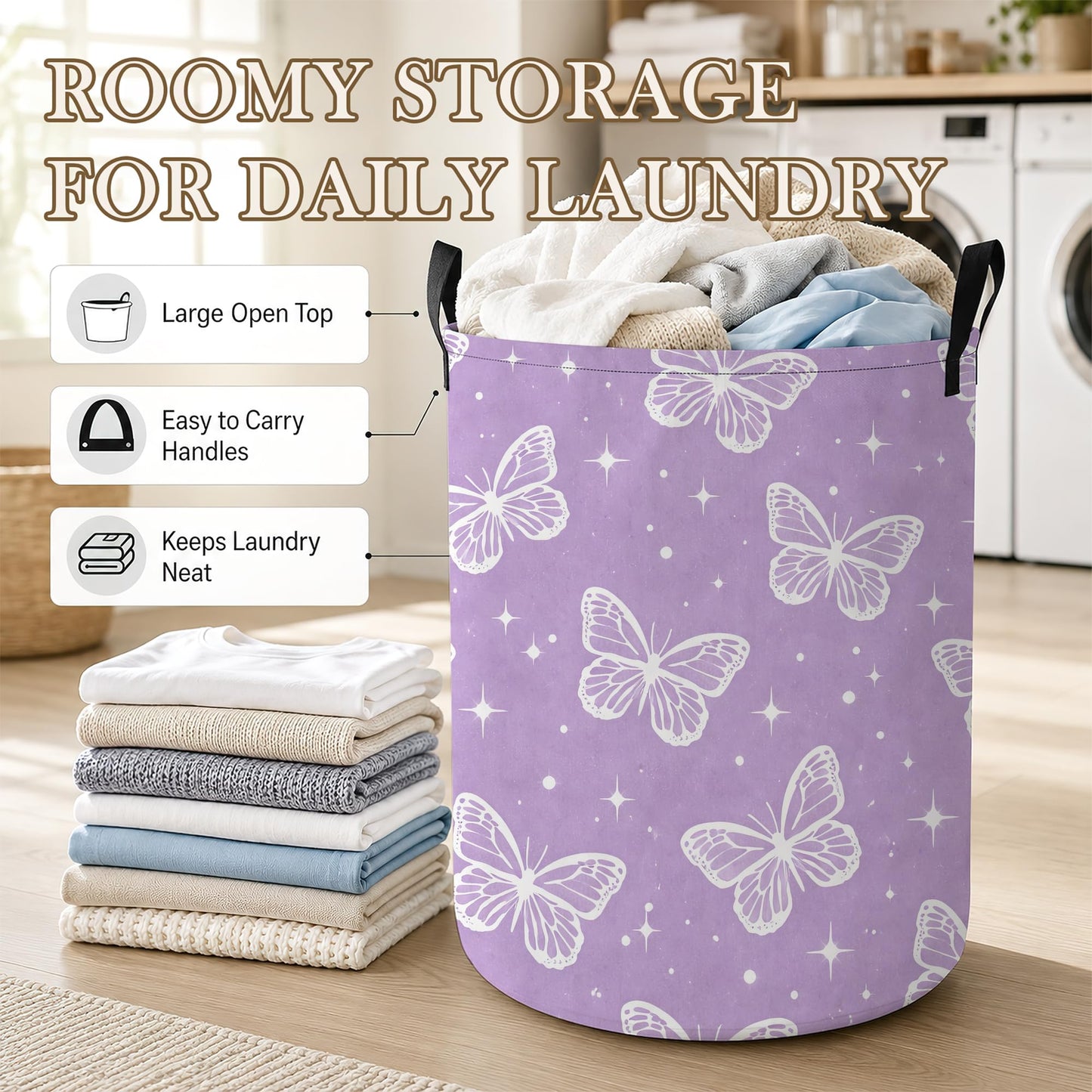 Laundry Hamper, Butterfly Star Collapsible Lavender Laundry Baskets Waterproof Oxford Cloth With Handles, Clothes Storage Bucket For Bathroom/Bedroom 16" x 20.8"
