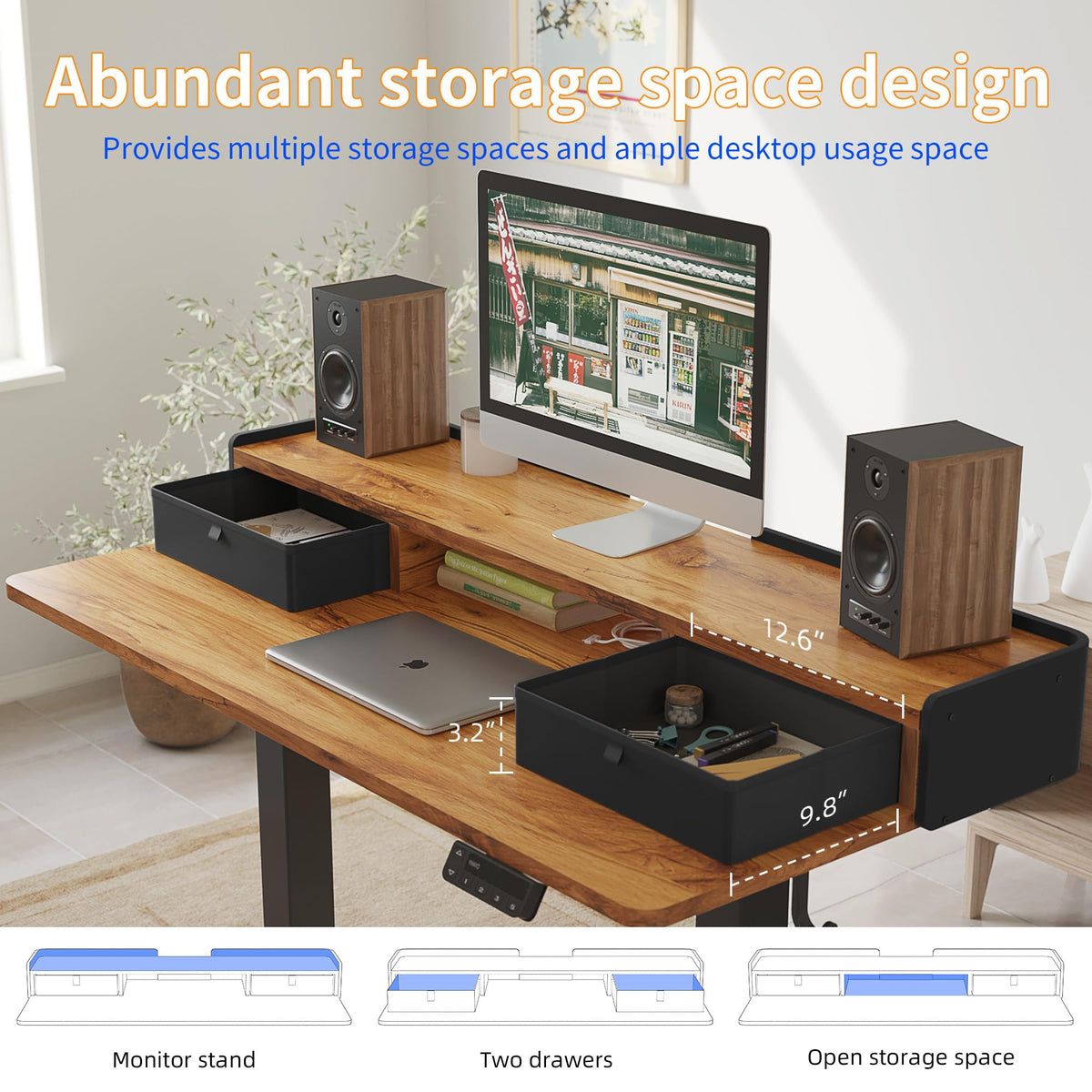 YIHAYO Low Height Adjustable Desk with Drawers, Lifts 18.1-28.3 Inches, Electric Standing Desk with Storage Shelf for short people, 40 x 24 Inches Table with Splice Board for Home Office, Rustic Brown