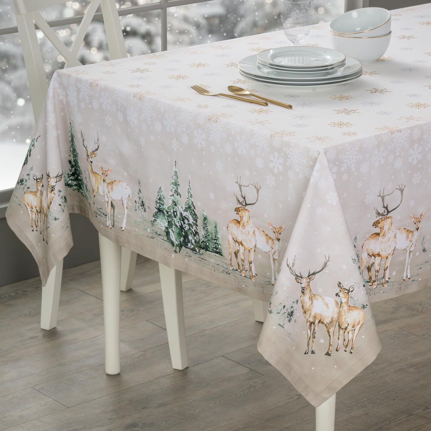Maison d' Hermine Table Cloth Rectangle Table 100% Cotton 60 x 120 Inches Fall Tablecloth Reusable Everyday Use for Thanksgiving Christmas Decorations Dining Farmhouse Party (Deer in The Woods)