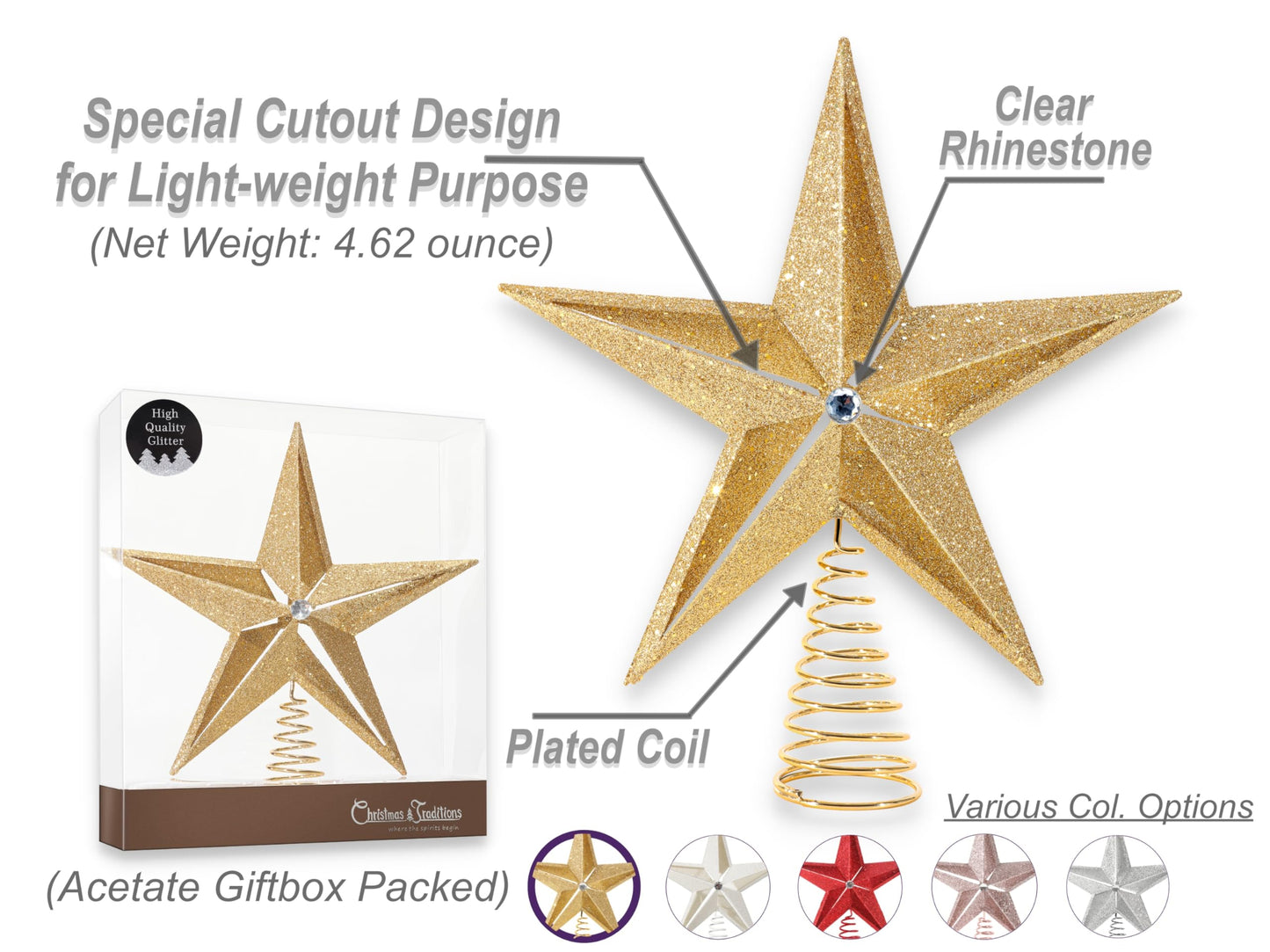 Christmas Traditions 10 inch Large Filigree Gold Glittered Christmas Star Tree Topper Star for Large Tree 6 feet-8 feet Tall/Home Decor Ornaments (Gold)