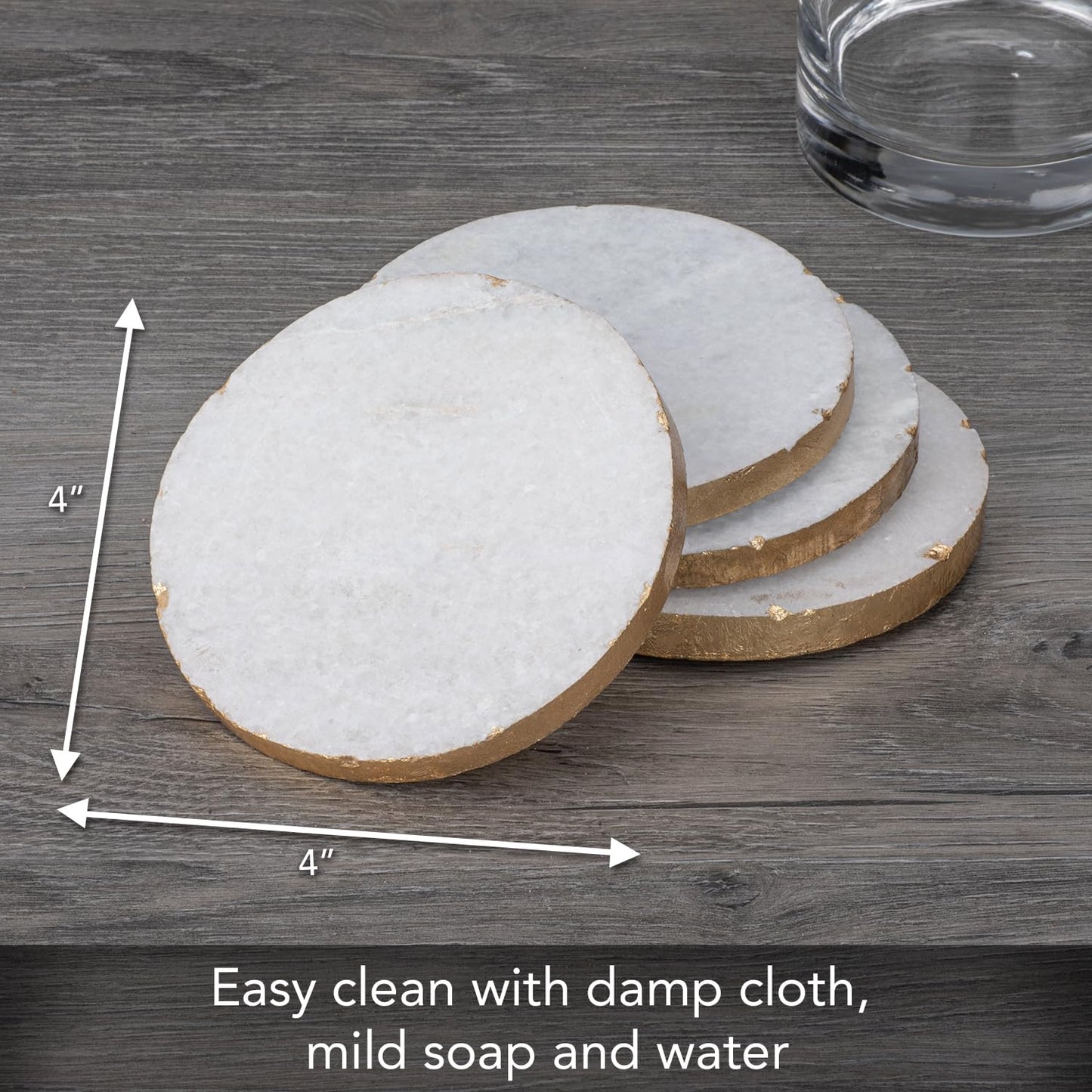 Thirstystone 4 Pack Round Natural White Marble Coasters w/ Gold Edges 4" Diameter Elegant, Luxurious, Stemware Safe