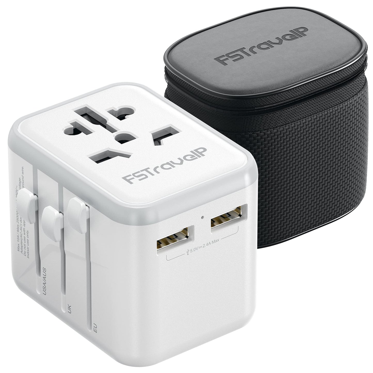 Worldwide Travel Adapter with USB, FSTravelP Universal Plug Adapter with 2 USB & International AC Socket, Dual 10A Fuses, All In One Travel Plug Adapter Worldwide for USA UK EU AU CN 150+ Countries