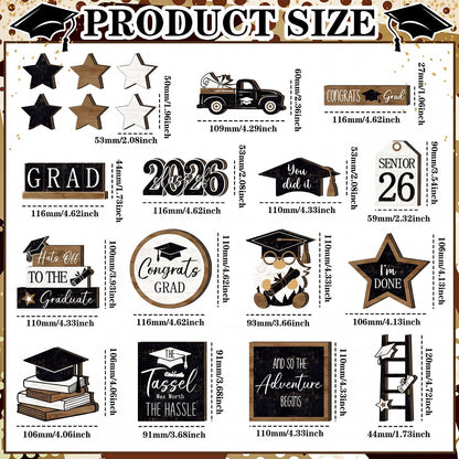 Vercraft 18 Pcs Graduation Tiered Tray Decorations Class of 2026 Tiered Tray Decor Black White Grad Wooden Signs Farmhouse Table Shelf Decoration for Graduation Party Supplies(Grad)