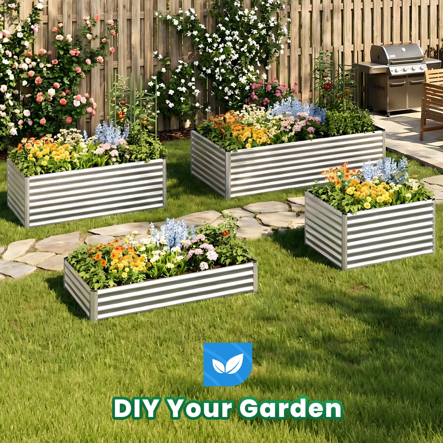 Quictent Galvanized Raised Garden Bed 6x3x2 Ft Metal Planter Box Bottomless for Backyard, Include 1 pc Tomato Cage, Silver