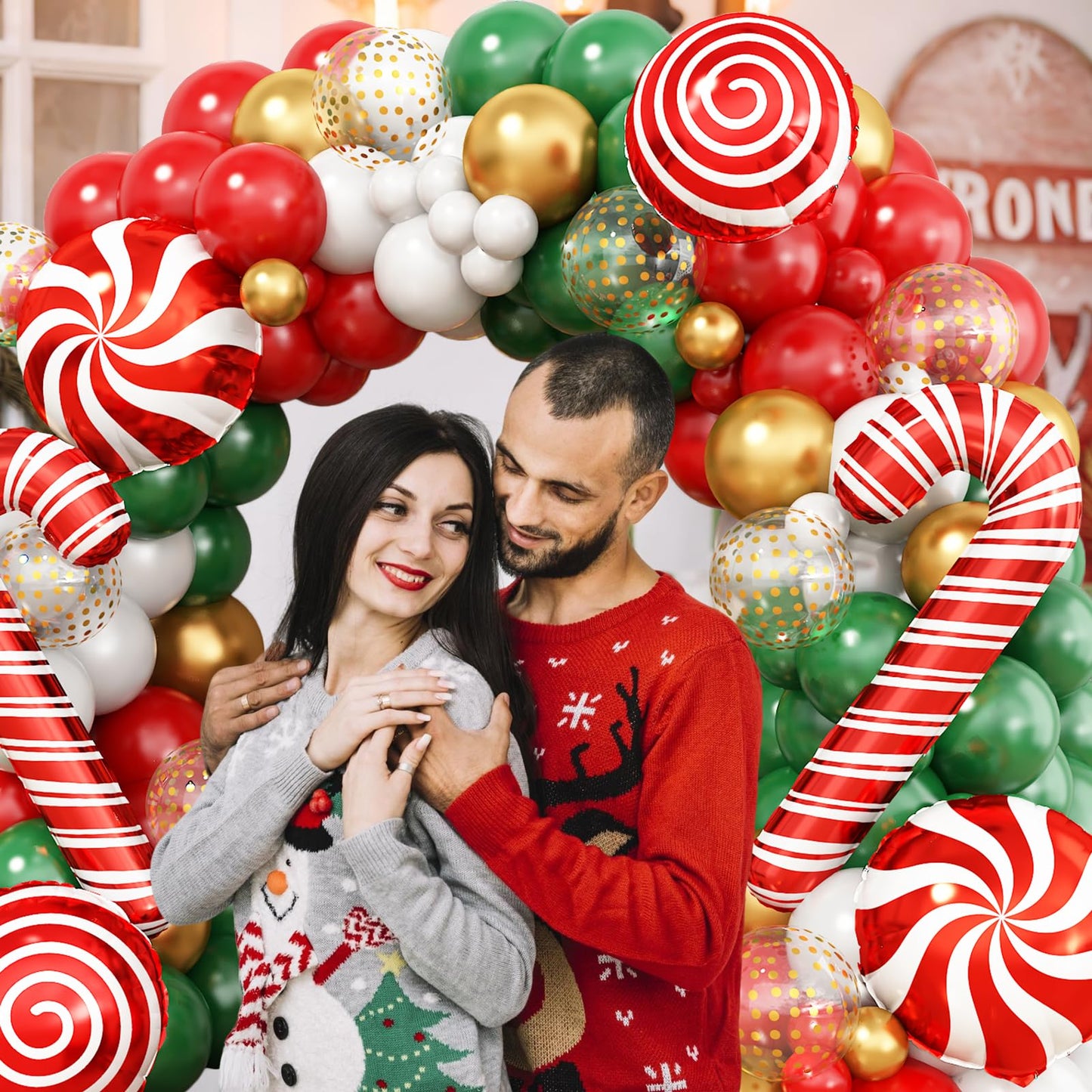Christmas Balloon Garland Arch Kit, Red Green White Gold Balloons with Large Candy Cane Swirl Mylar Star Foil Balloons for Holiday Xmas Party Decorations
