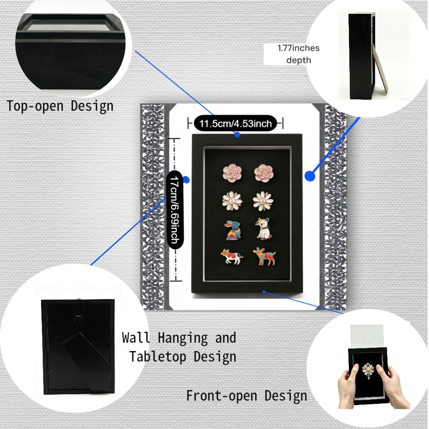 ZAYHENYOO Pin Display Case, Enamel Pin Collection Display with Deep Shadow Box Picture Frame with True Glass or DIY Craft Shadowbox for Shells/Flowers, Hanging or Tabletop Display (Black, 1P 6*8)