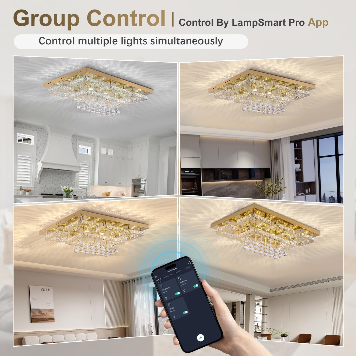 KINGTORO 32" Gold Crystal Flush Mount Chandelier with Remote/App Control, Modern LED Ceiling Light with 3CCT Dimmable, Elegant Chandeliers for Bedroom Living Room Dinning Room Hallway Kitchen