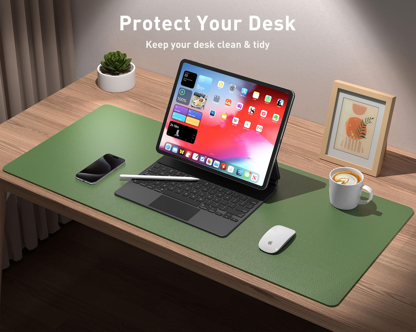 Aothia Leather Desk Pad, Large Non-Slip Laptop Mat, Waterproof PU Leather Table Mat for Office and Home (60cmX35cm, Olive Green)