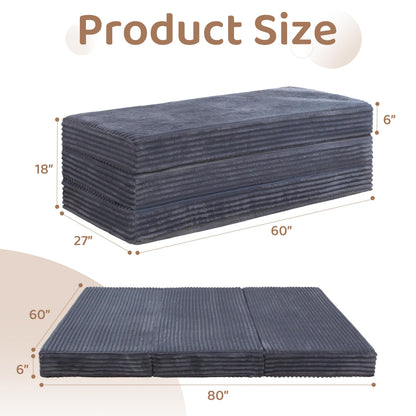 BYBYME Thick Corduroy Tri-Folding Mattress, 6 Inch Gel Folding Mattress Topper, Foldable Sofa Couch Soft Guest Bed Camping Pad, with Washable Covers (Dark Gray, Queen)