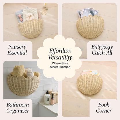BEBE BASK Scalloped Wicker Wall Basket - The Original - Hand Woven Basket - Scalloped Décor Wall Hanging Baskets -16" x 10" x 7"In - Hanging Wall Basket (Natural)