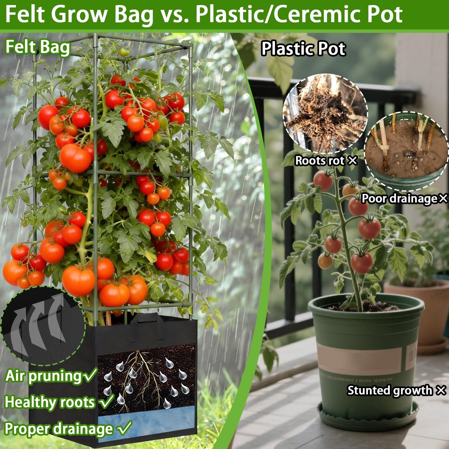 Tomato Cages for Garden, Tomato Planter with Trellis, 48in Tall Square Tomato Trellis with 18 Gallon Grow Bags, Patio & Balcony, Metal Tomato Cage for Tomatoes Cucumbers Peas Climbing Plants, 3 Pack