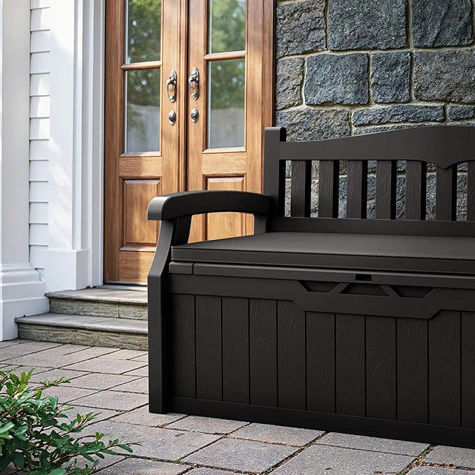 Devoko 80 Gallon Storage Bench with Cushion, Lockable Deck Box for Patio Furniture, Garden Decor and Outdoor Seating for Cushions, Garden Tools and Pool Supplies (Black, 80 Gallon with Cushion)