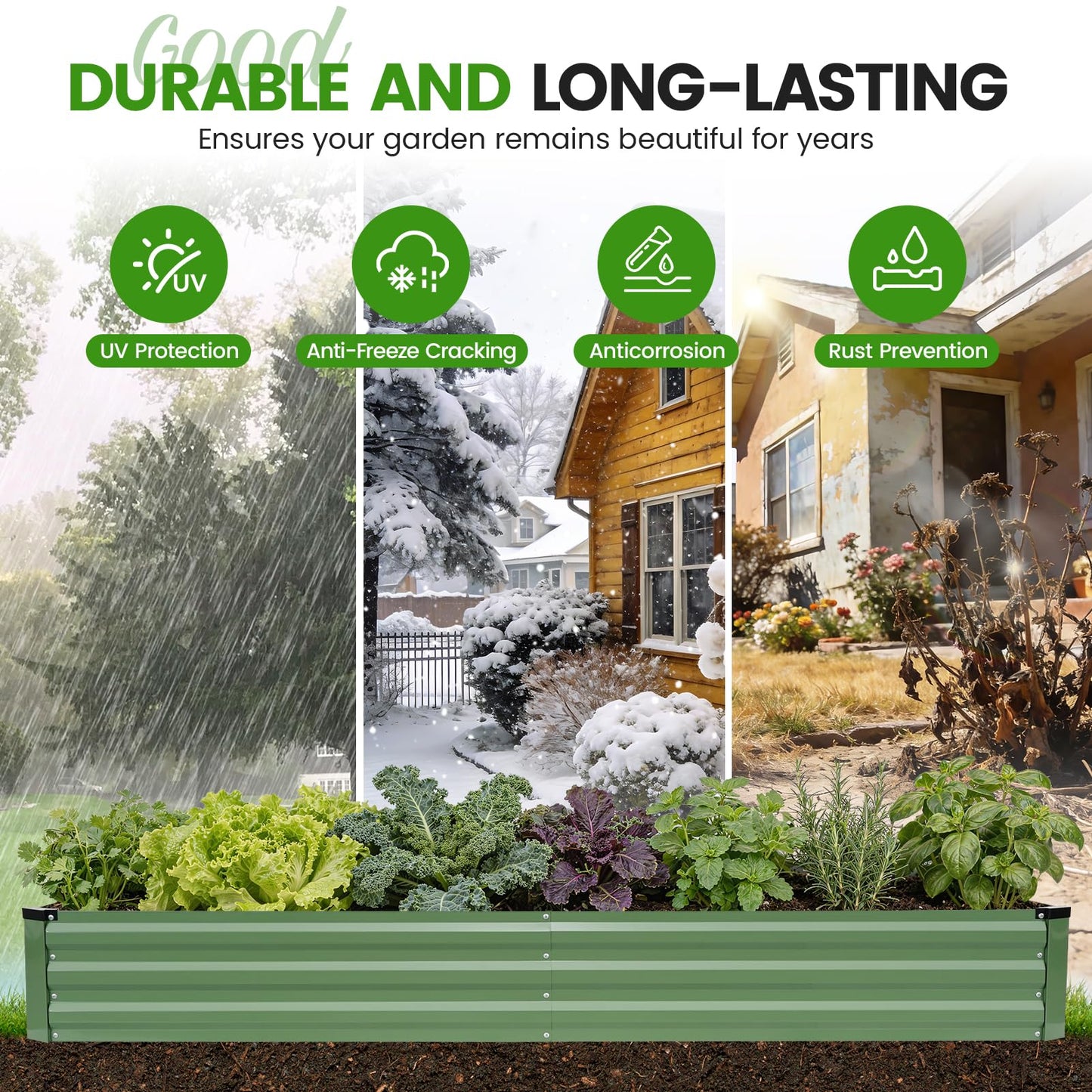 G GOOD GAIN 8x4x1ft Galvanized Raised Garden Bed, Heavy-Duty Metal Planter Boxes Outdoor for Vegetables Flowers Herbs, Olive Green(2 Pack)