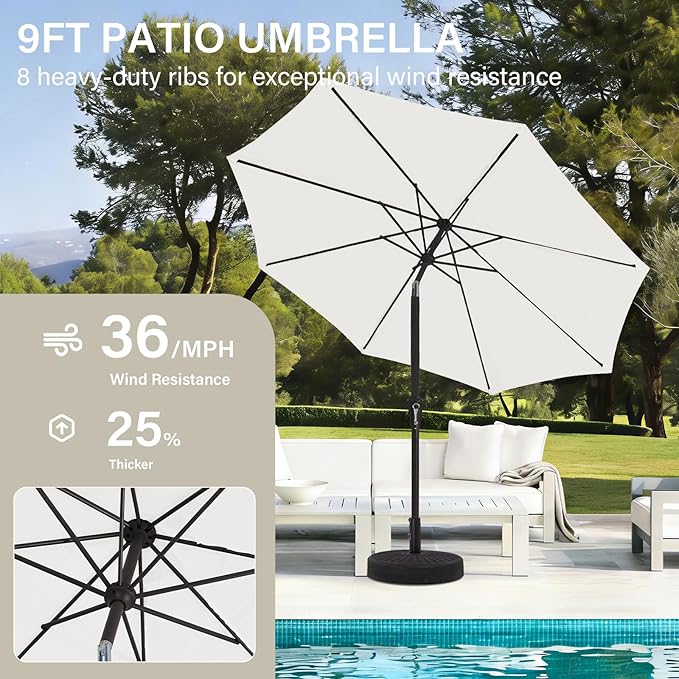 MEWAY 9ft Patio Umbrella Outdoor Table Umbrellas with Push Button Tilt and Crank, Market Umbrella 8 Sturdy Ribs for Deck, Garden, Pool and Backyard, Off-white