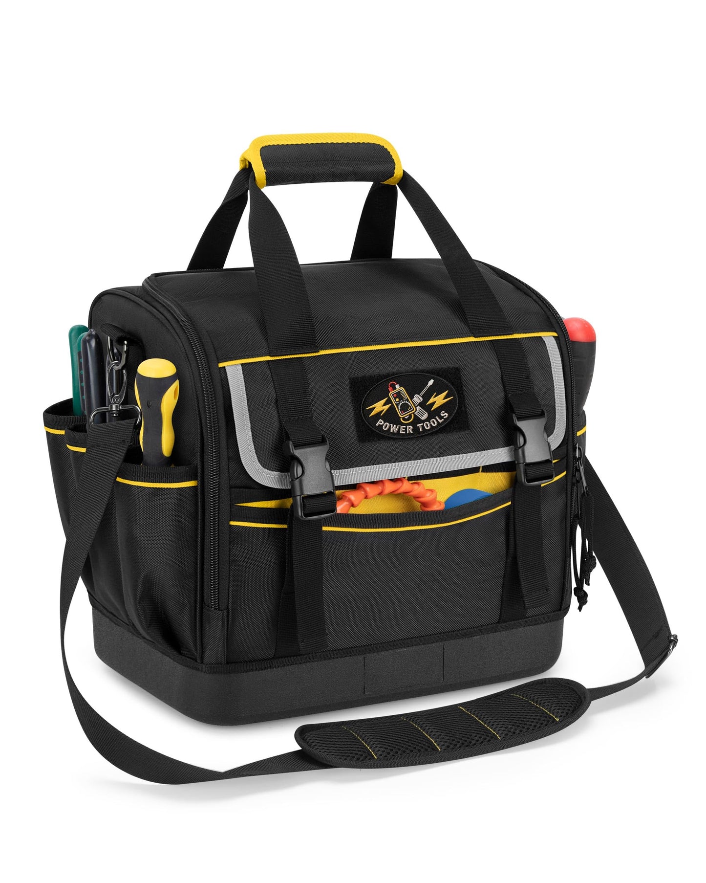 Trahzia 12-Inch Tool Bag with Hard Bottom, Electrician Tool Box Organizer with Detachable Divider, Multi-Purpose Work Tote for Mechanics, Carpenters, Plumbers, Black