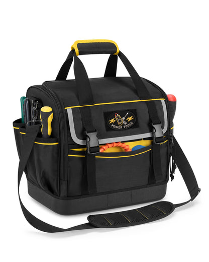 Trahzia 12-Inch Tool Bag with Hard Bottom, Electrician Tool Box Organizer with Detachable Divider, Multi-Purpose Work Tote for Mechanics, Carpenters, Plumbers, Black