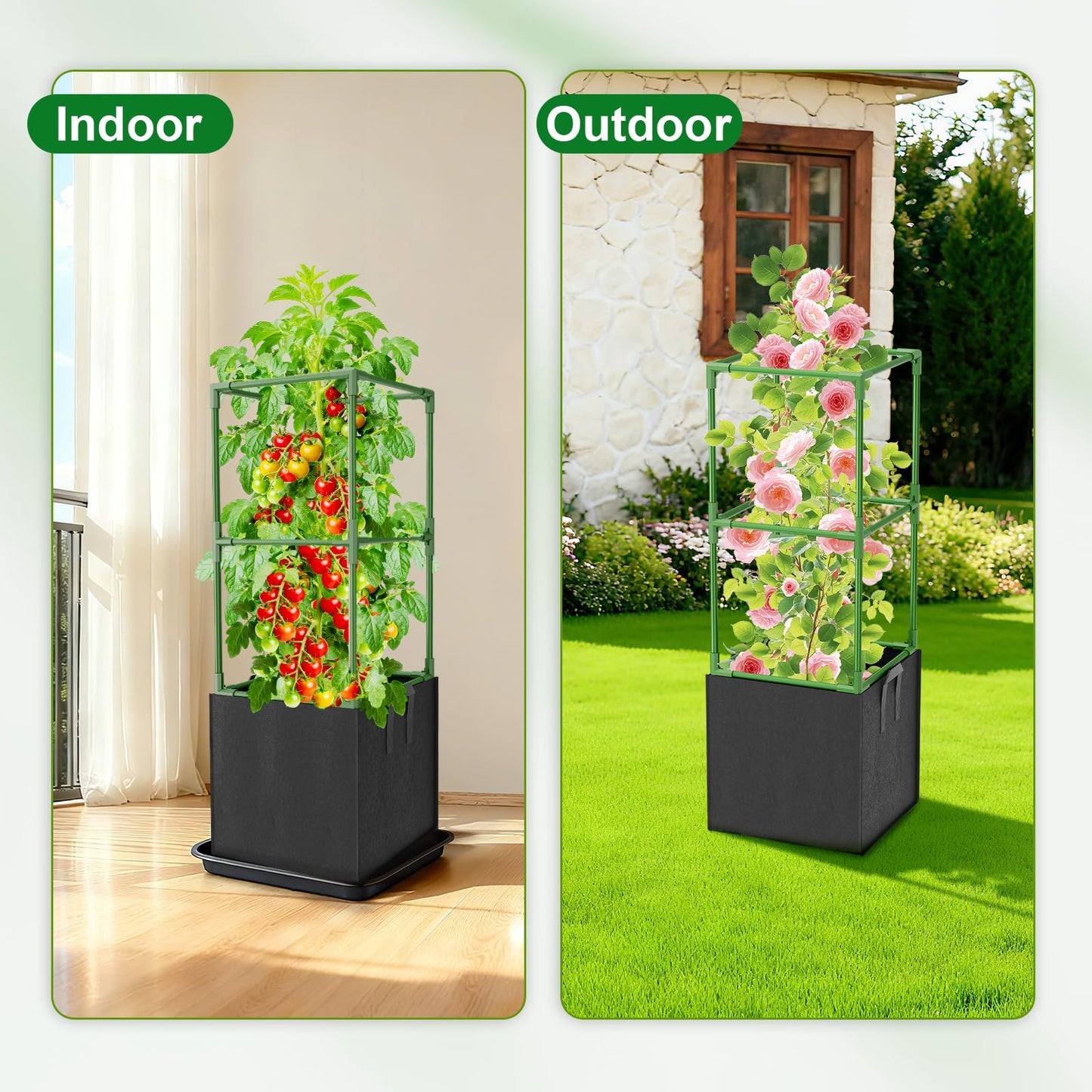Laodier 3 Pack Tomato Cages, Square Tomato Trellis with 17 Gallon Grow Bags,47IN Tall Heavy Duty Tomato Plant Support Stakes for Garden Climbing Vegetables Flowers Fruits (Extra-Bold, 3 Pack)