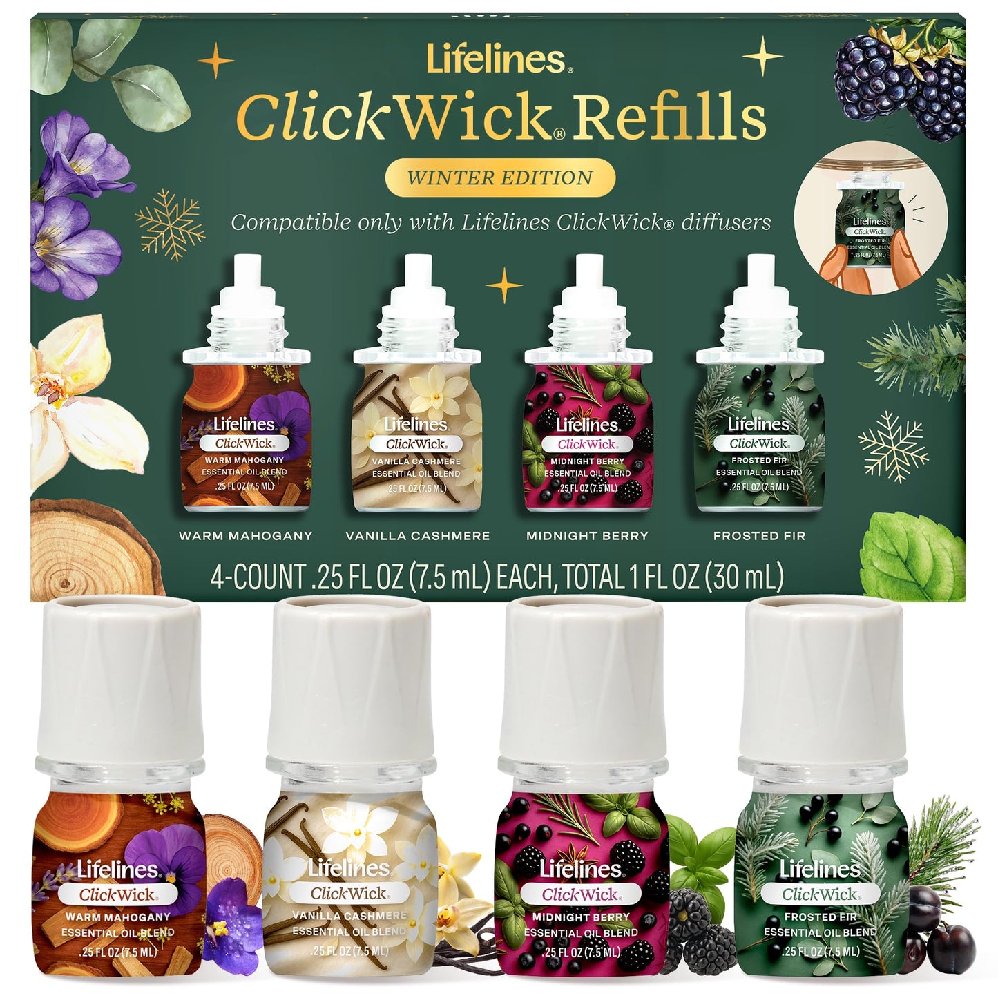 ClickWick Essential Oil Blends for Lifelines Diffusers, 4-Pack Winter Gift Set - Essential Oil Blend Fragrance Refills for Candle, Plant & Shower Aromatherapy Diffuser - Home Spa & Relaxation Gifts