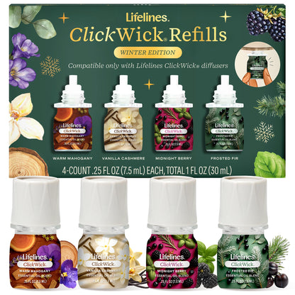 ClickWick Essential Oil Blends for Lifelines Diffusers, 4-Pack Winter Gift Set - Essential Oil Blend Fragrance Refills for Candle, Plant & Shower Aromatherapy Diffuser - Home Spa & Relaxation Gifts