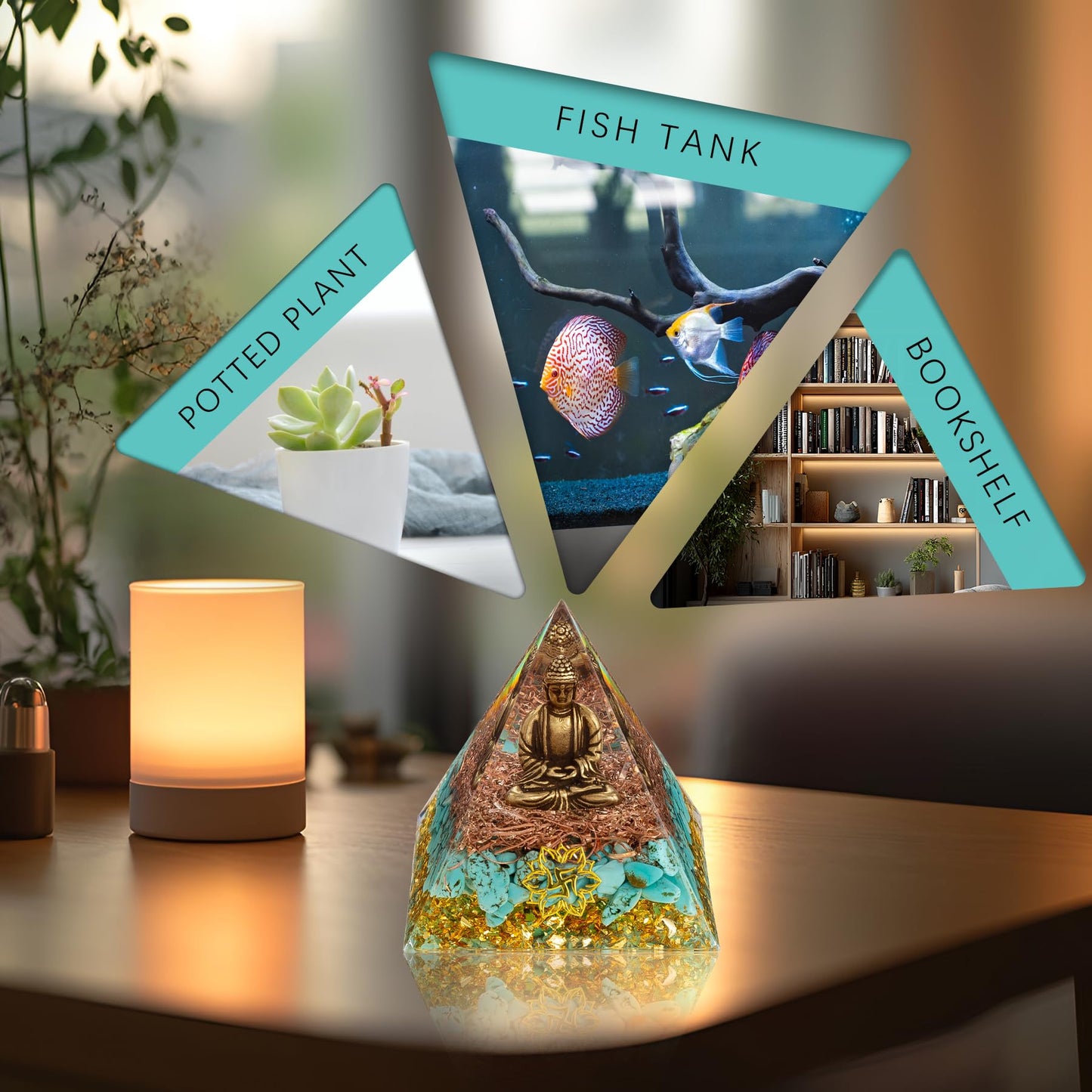 FENGSHUI-CAISHEN Little Buddha Statue in Healing Crystal Organite Pyramid - Aquamarine with Baby Buddha Figurine, Reiki Chakra Meditation Buddha Decor