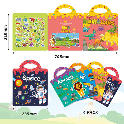 GUYUCOM 4 Pack Reusable Sticker Books, Toys for Age 3 4+ Year Old Kids Boys Girls Toddlers, 3D Clear Animal Space Vehicles Dinosaur Sticker Book Educational Learning Toy Birthday Gifts