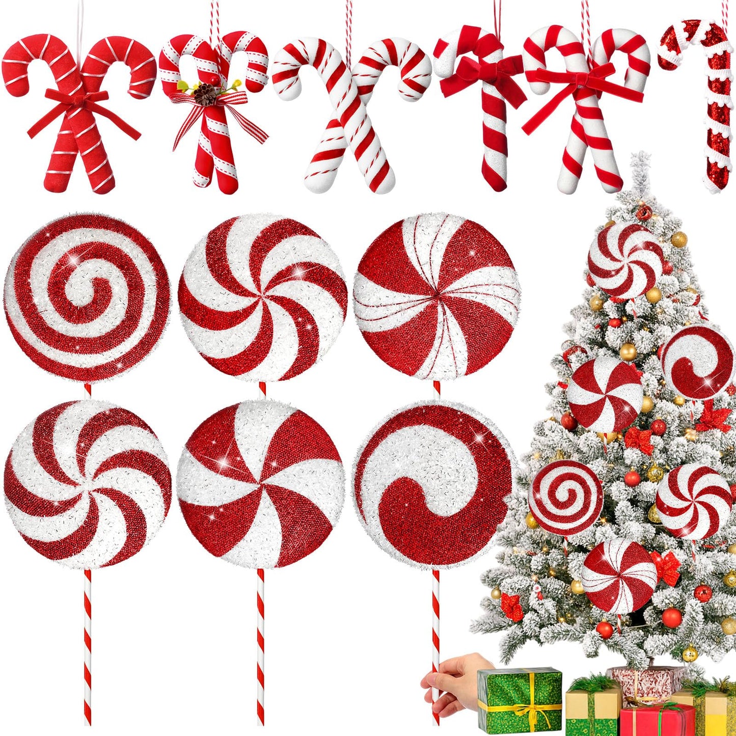 Vercraft 12 Pcs 15.75'' Large Candy Cane Christmas Decorations Giant Lollipop Candy Xmas Decorations with Sticks Red and White Peppermint Decor for Christmas Tree Ornaments Party, 12 Styles