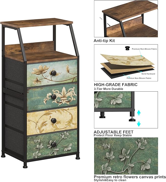 Tohomeor Dresser with Fabric Drawers Nightstand with 2 Tier Shelf Storage Tower