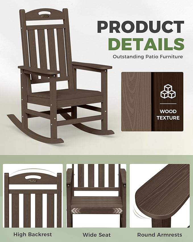Oversized Outdoor Rocking Chair, HDPE All Weather Resistant Rocking Chairs for Patio, High Back Porch Rocker Chair, 380lbs Weight Capacity, Brown