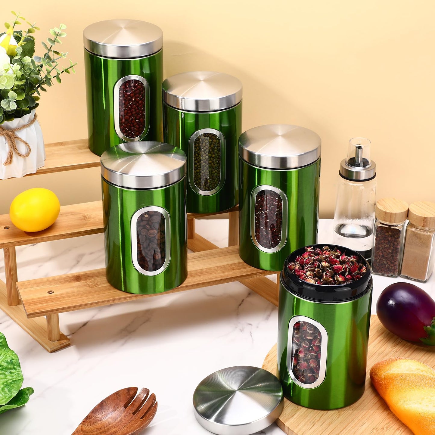 Zopeal 6 Pack Green Canisters Sets For Kitchen 50oz Stainless Steel Kitchen Canisters with Transparent Windows Flour Sugar Container Metal Jar Countertop Set for Coffee Tea Decorative