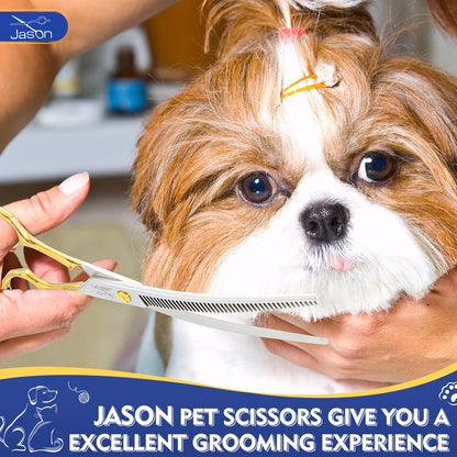 Jason 7.5 Inch Curved Thinning Scissors for Dog 43 Teeth Professional Downward Curved Blending Trimming Shears Japanese 440C Stainless Steel Dog Scissors with Symmetrical Handle