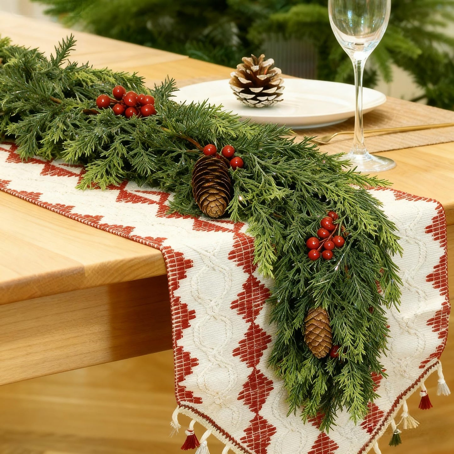 6 FT Christmas Cedar Garland, Real Touch Soft & Thickness Greenery Pine Garland with Lights Battery Operated for Mantle Table Fireplace Outdoor Indoor Christmas Decor
