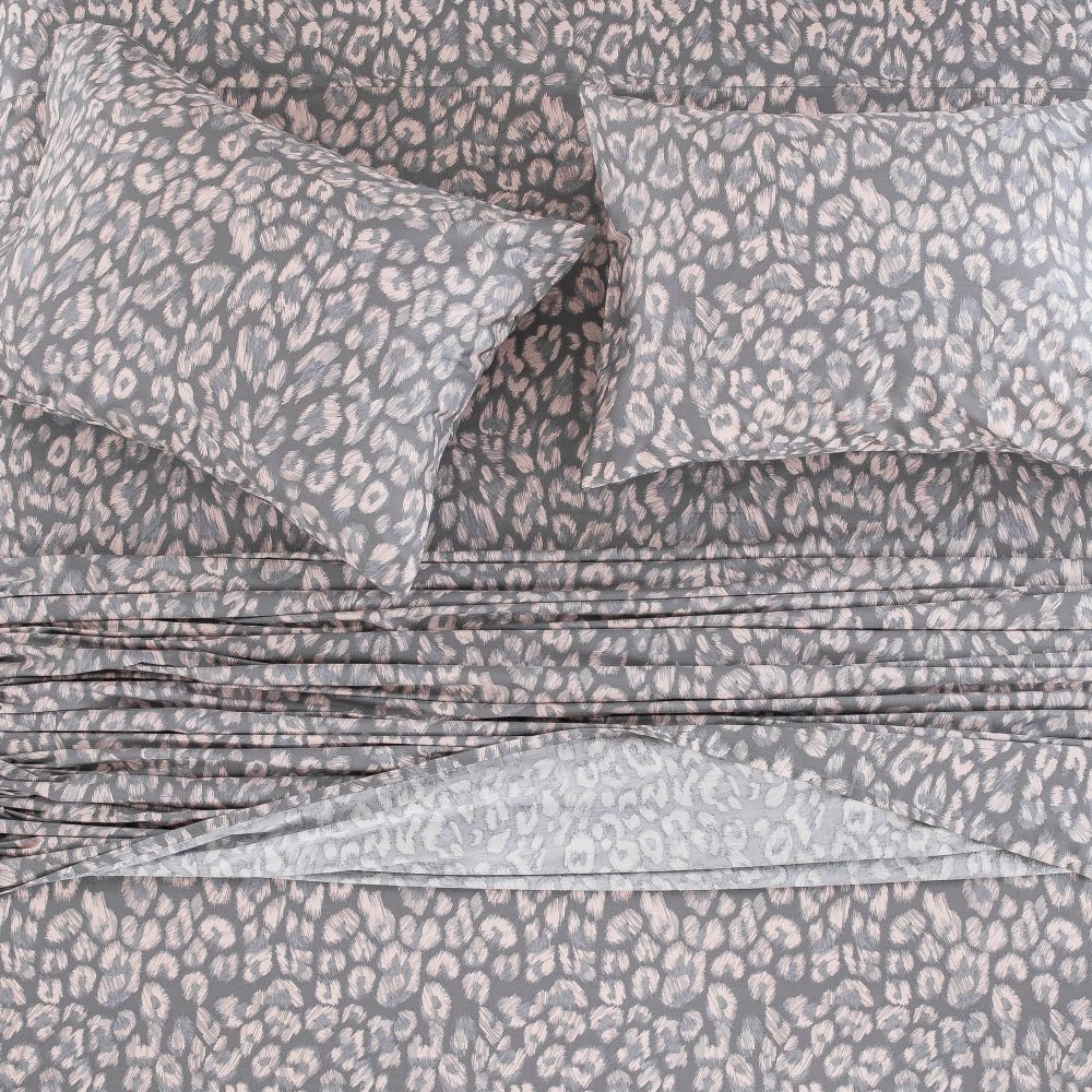 DAUAOTO Queen Size Printed Sheets Set, 100% Cotton Bedding Sets, Up to 14" Deep Mattress, Modern Pattern Bedlinen Set, Leopard Gray