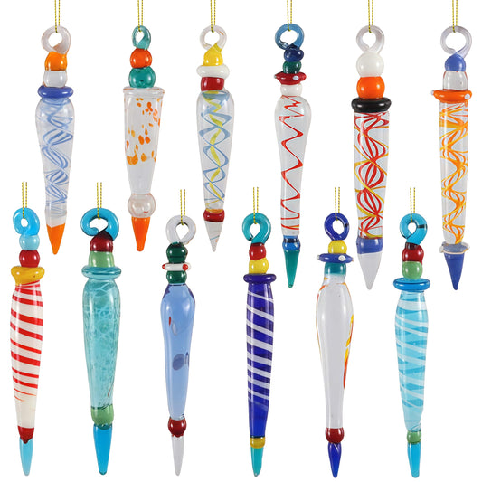 JOYIN 12Pcs Colorful Glass Icicle Ornaments with Crystal Line for Christmas Tree Decorations, 3.54-3.7" Xmas Tree Hanging in 12 Different Designs
