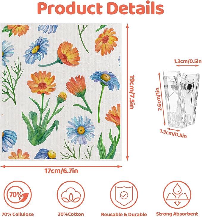 6 Pack Swedish Dishcloths for Kitchen, Swedish Rag Absorbent Spring Floral Dish
