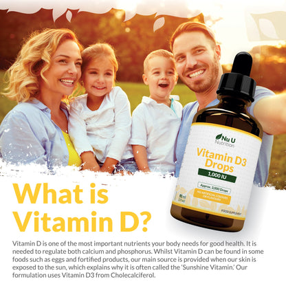 Vitamin D Drops 90ml (3000 Drops) - 1000IU per Drop - 50% More - Flexible Dose of Liquid Vitamin D3 Supplement for Adults - Unflavoured & Vegetarian - Made in The UK - Nu U Nutrition