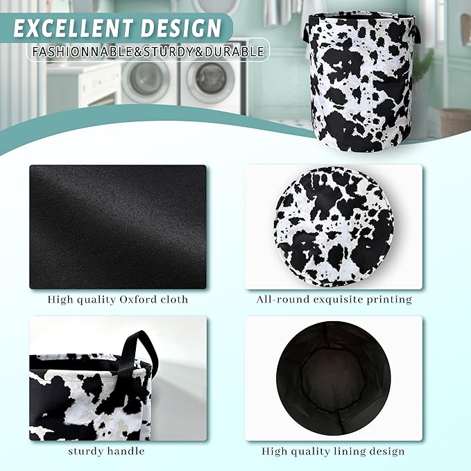 Retro Black White Cows Print Laundry Basket Foldable