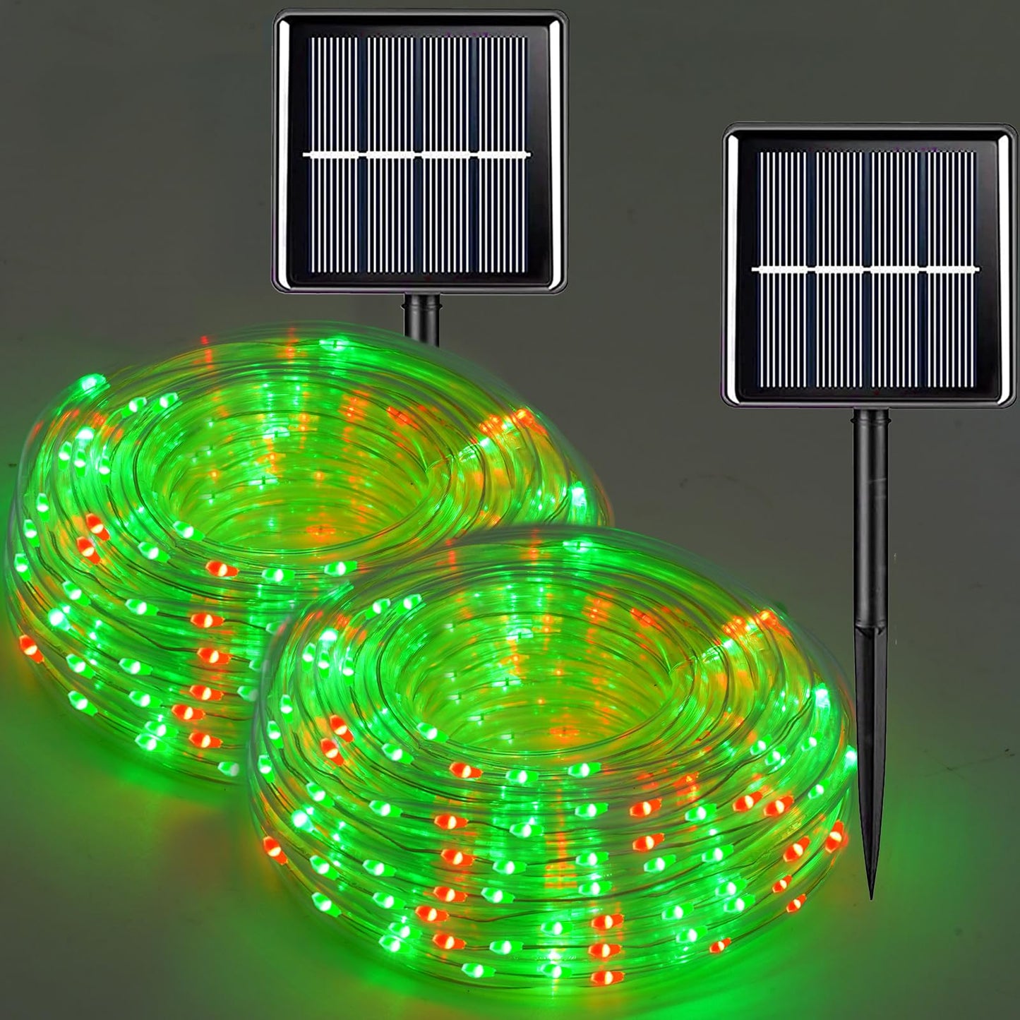 QITONG Red and Green Solar Rope Lights, 2 Pack Each 33ft 100 LED String Lights Outdoor, Fairy Lights in Clear Thin Tube with 8 Modes