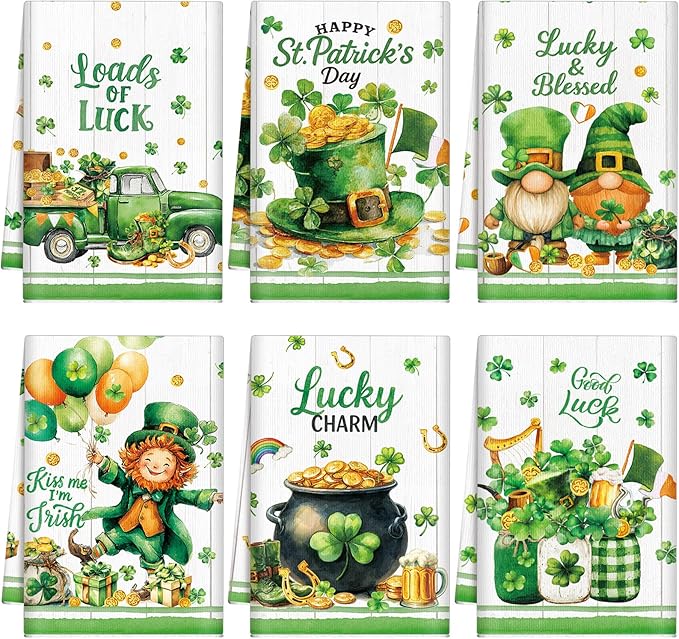 Breling Set of 6 St. Patrick's Day Kitchen Towels Shamrock Green Dish Towel