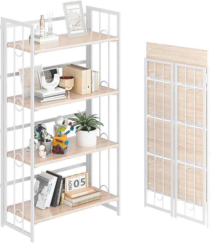 4NM No Assembly 4 Tiers Folding Bookshelf, 47.2" H Foldable Storage Shelves