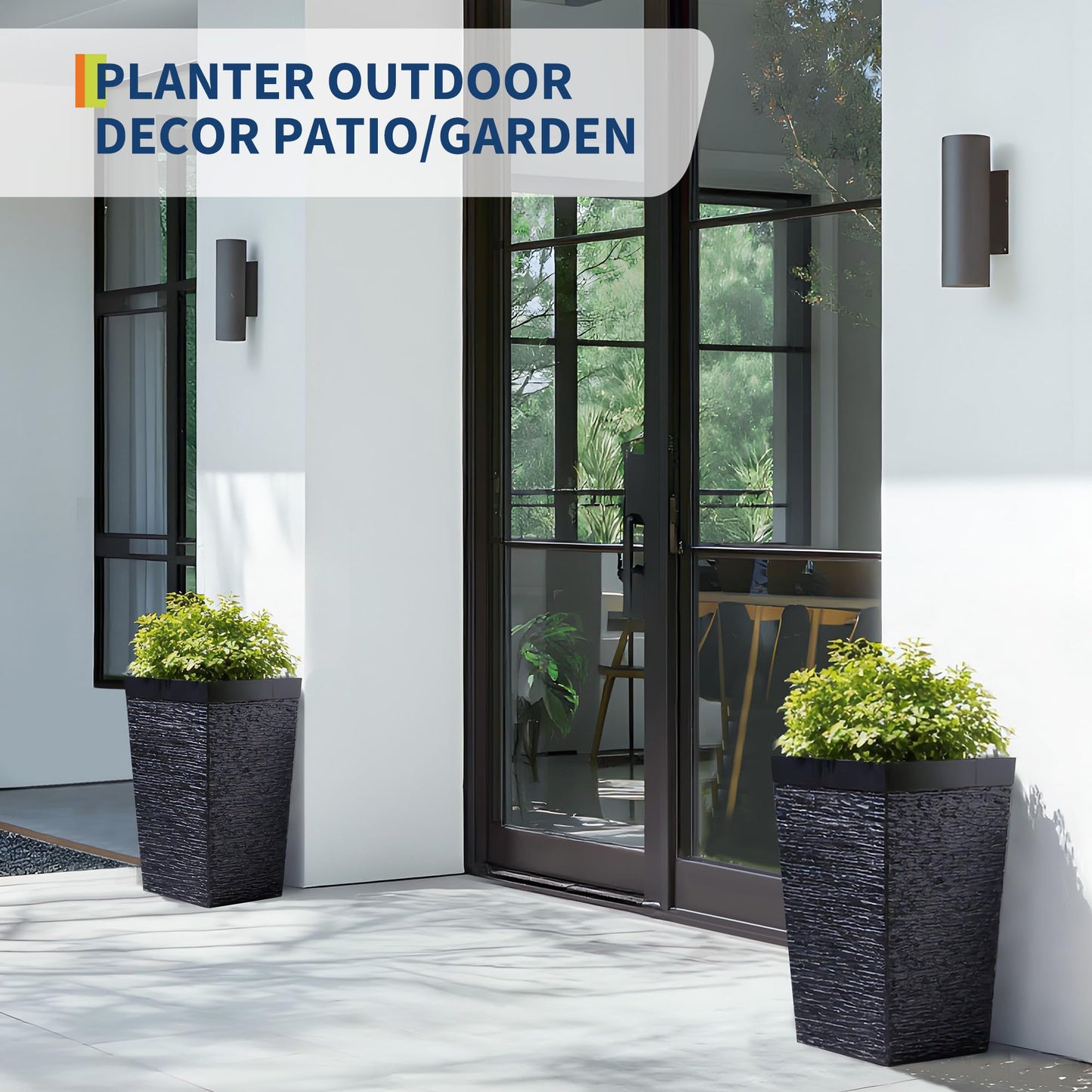 Garvee 16" Tall Planters Set of 2, Self Watering Tall Planters, Outdoor＆Indoor Planter Pots, High Front Porch Planters Pots with Drainage Holes＆Water Level Monitor, Black