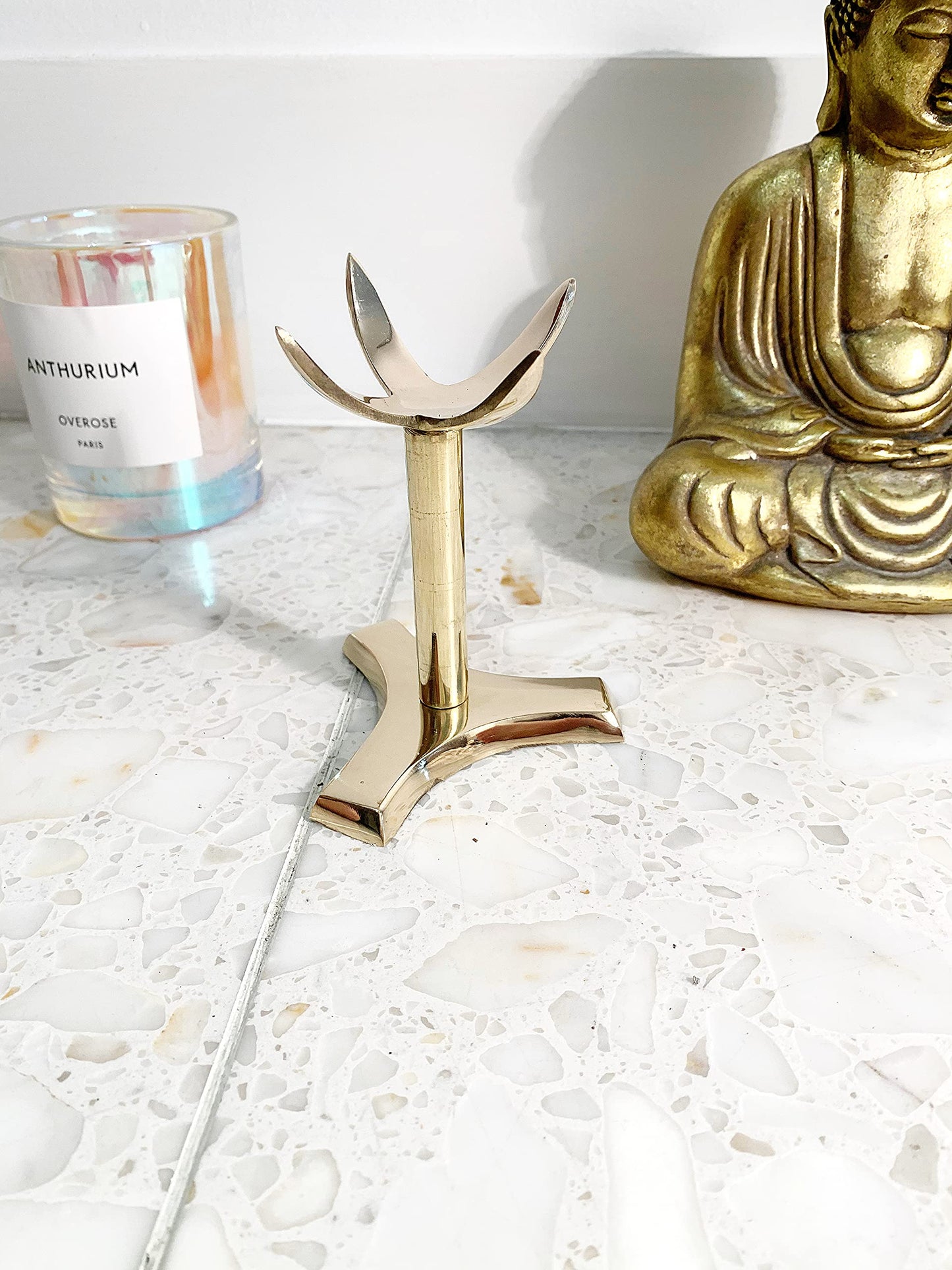 Modern Crystal Display Stand | Brass Rock Stand for Shelf | Sphere Mineral Specimen Collection