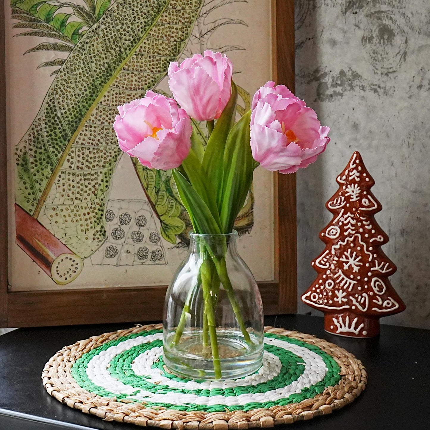 EVERLNESTIO 3D Printed Real Touch Artificial Flowers with Vase, 5 Pcs Pink Parrot Tulips Arrangement, Ruffled Edges Silk Tulip Floral Centerpieces for Dining Table, Home Office Aesthetic Room Decor