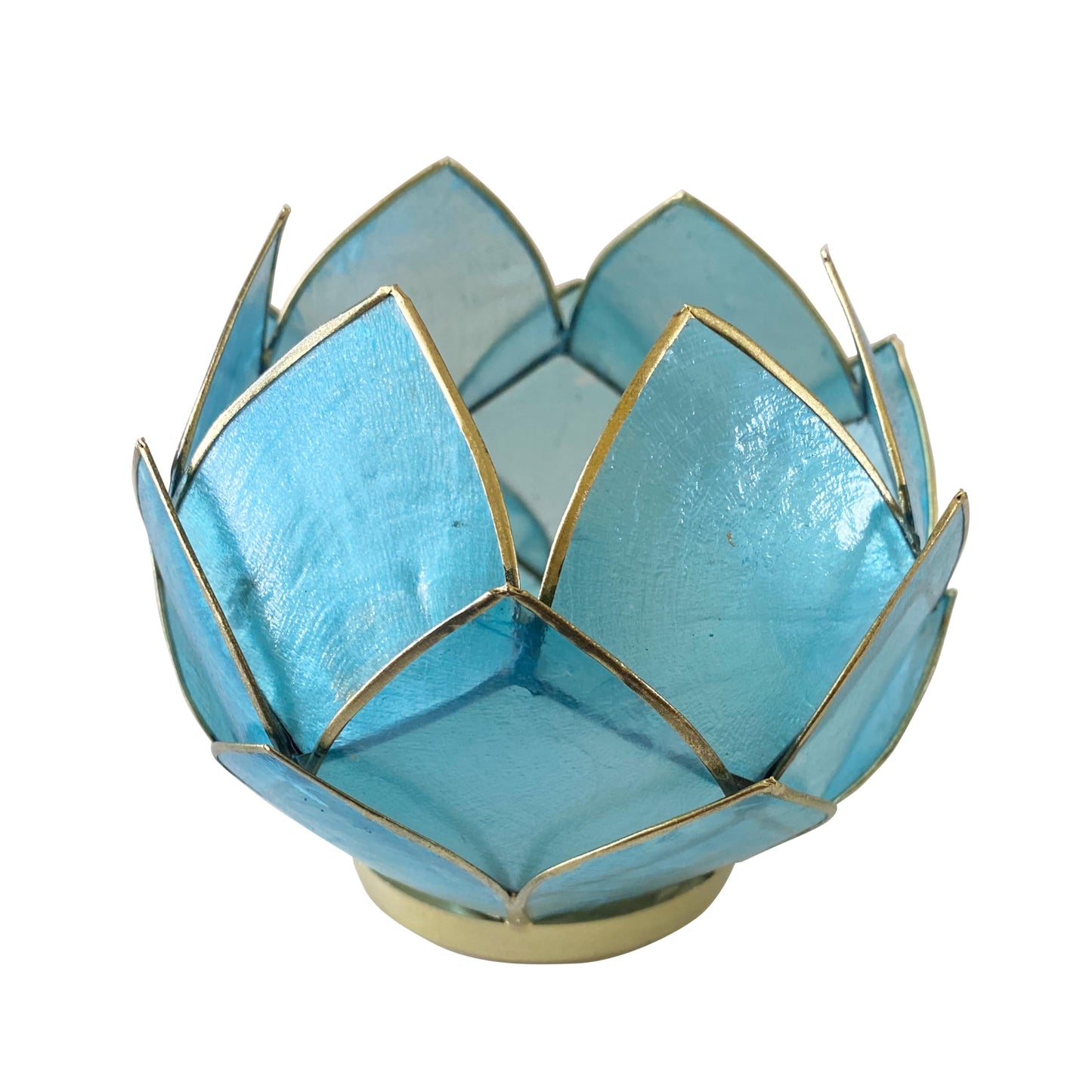 Blooming Lotus Capiz Shell Tealight Candle Holder, Handcrafted Decorative Tea Light Candleholder with Translucent Flower Petals for Ambient Illumination and Natural Elegance, Aquamarine