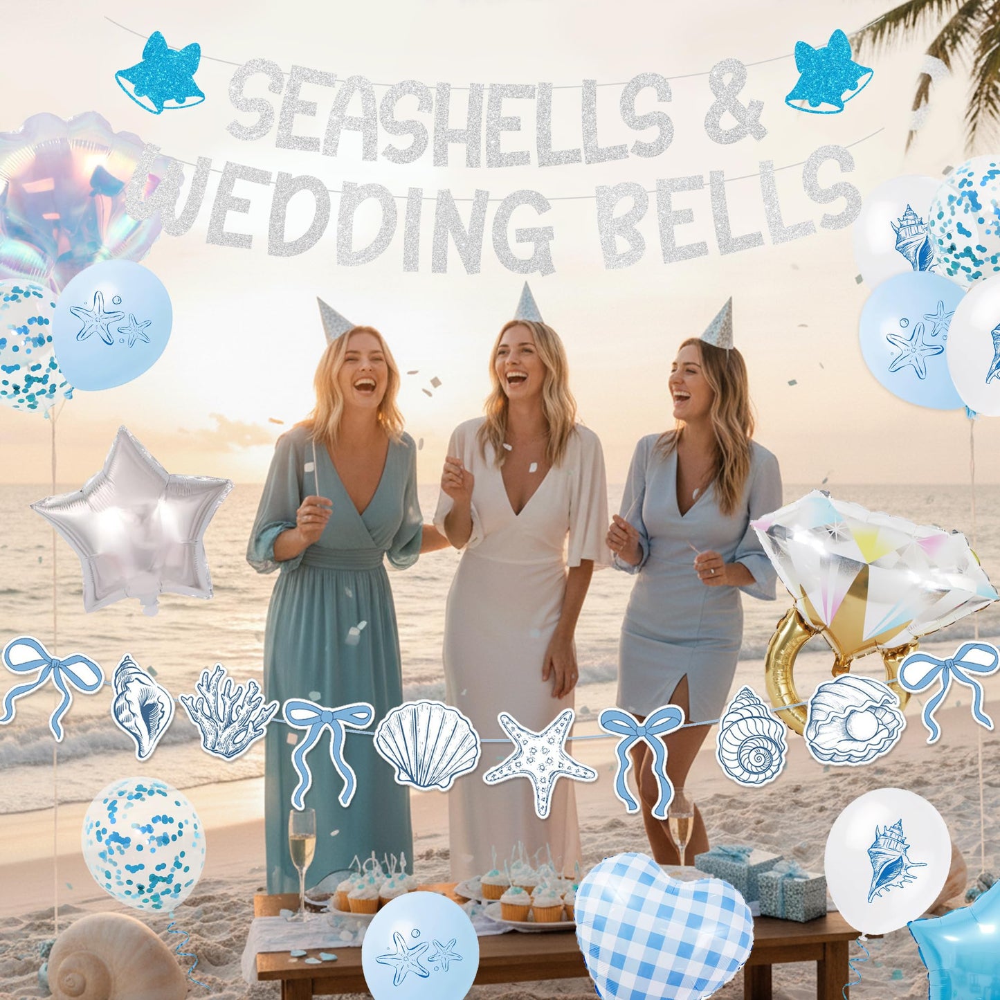 Seashells and Wedding Bells Decor - Beach Bachelorette Party Decorations with Shell Balloons Ring Banner Garland, Coastal Bridal Shower Last Toast on the Coast Enagement Supplies
