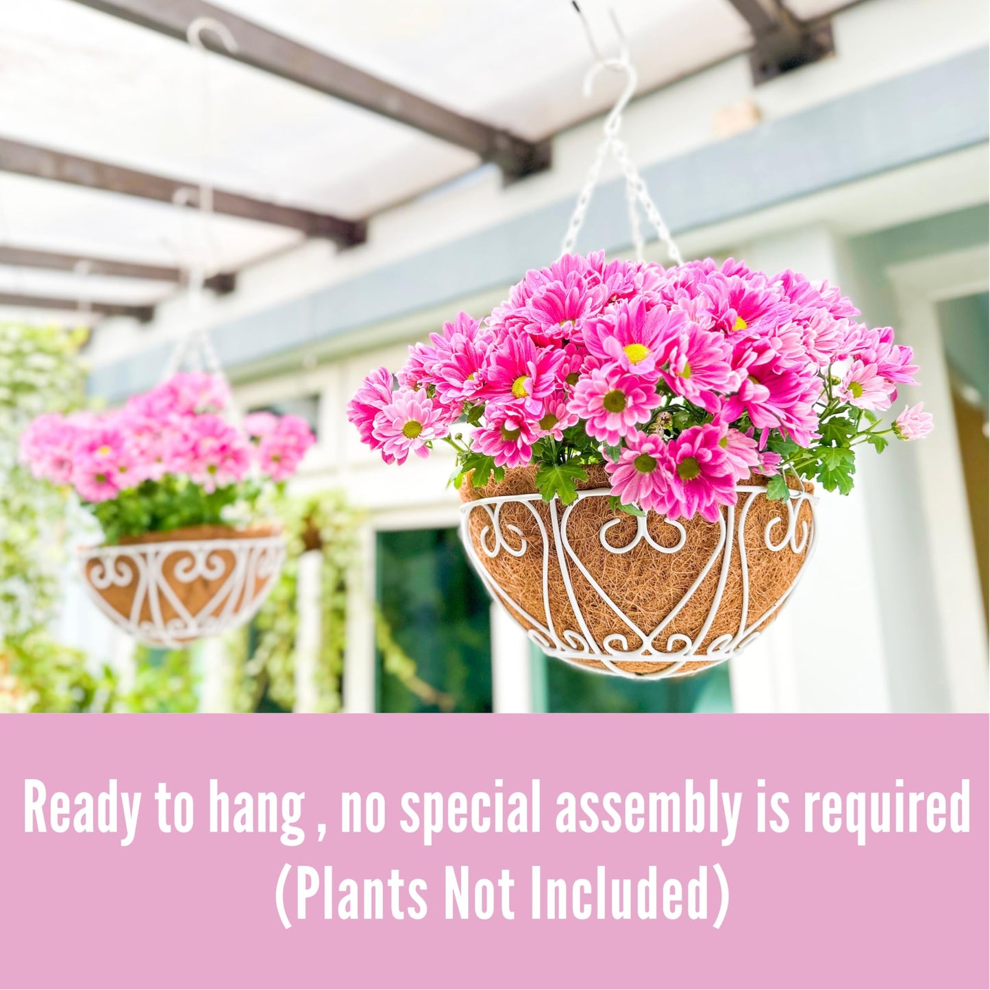 LaLaGreen Hanging Planter for Outdoor (20 Inch, 4 Pack) Large White Metal Wire Hanging Plant Planter with Coco Liner Round Porch Modern Garden Balcony Deck Country Decor Flower Pot Holder Hanger