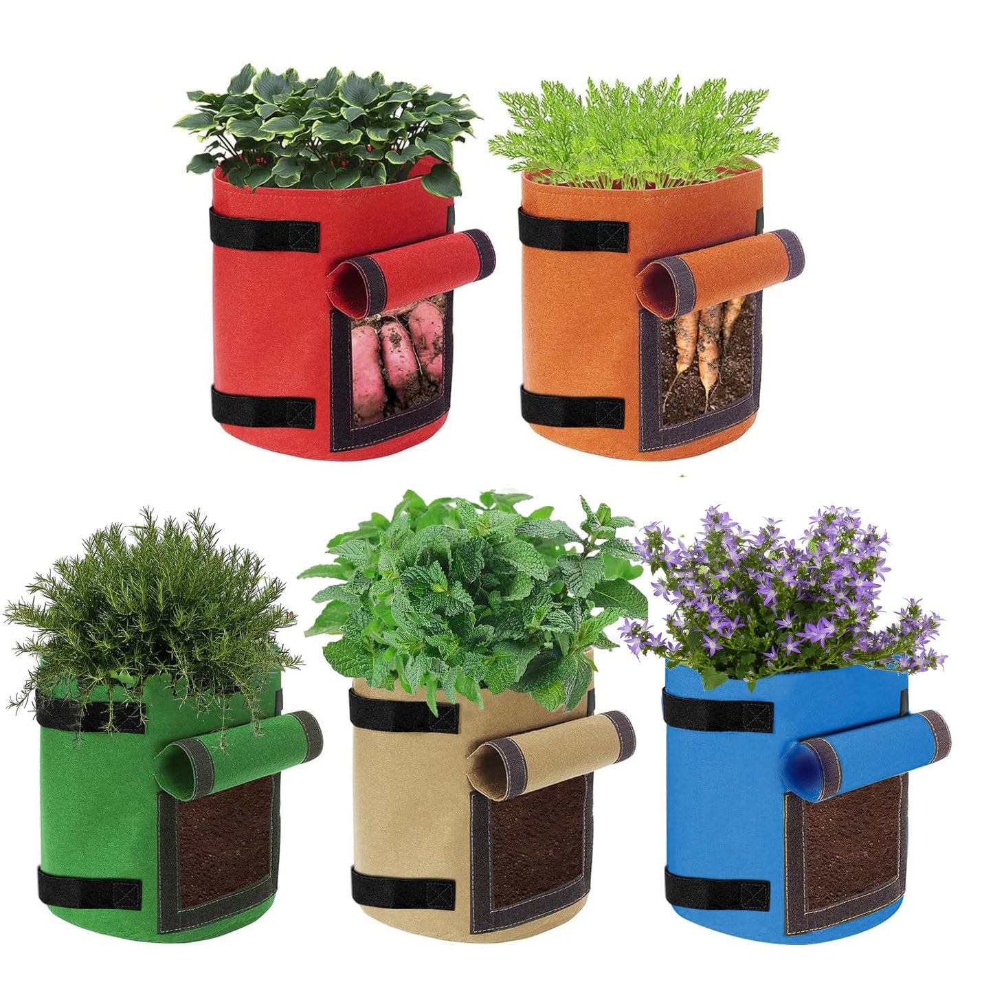 KONGDY 5 Pack 10 Gallon Potato Grow Bags, Heavy Duty Thick Aeration Nonwoven Fabric Pots with Handles, Colorful Plant Grow Bags for Outdoor Garden Potato, Tomato and Vegetables