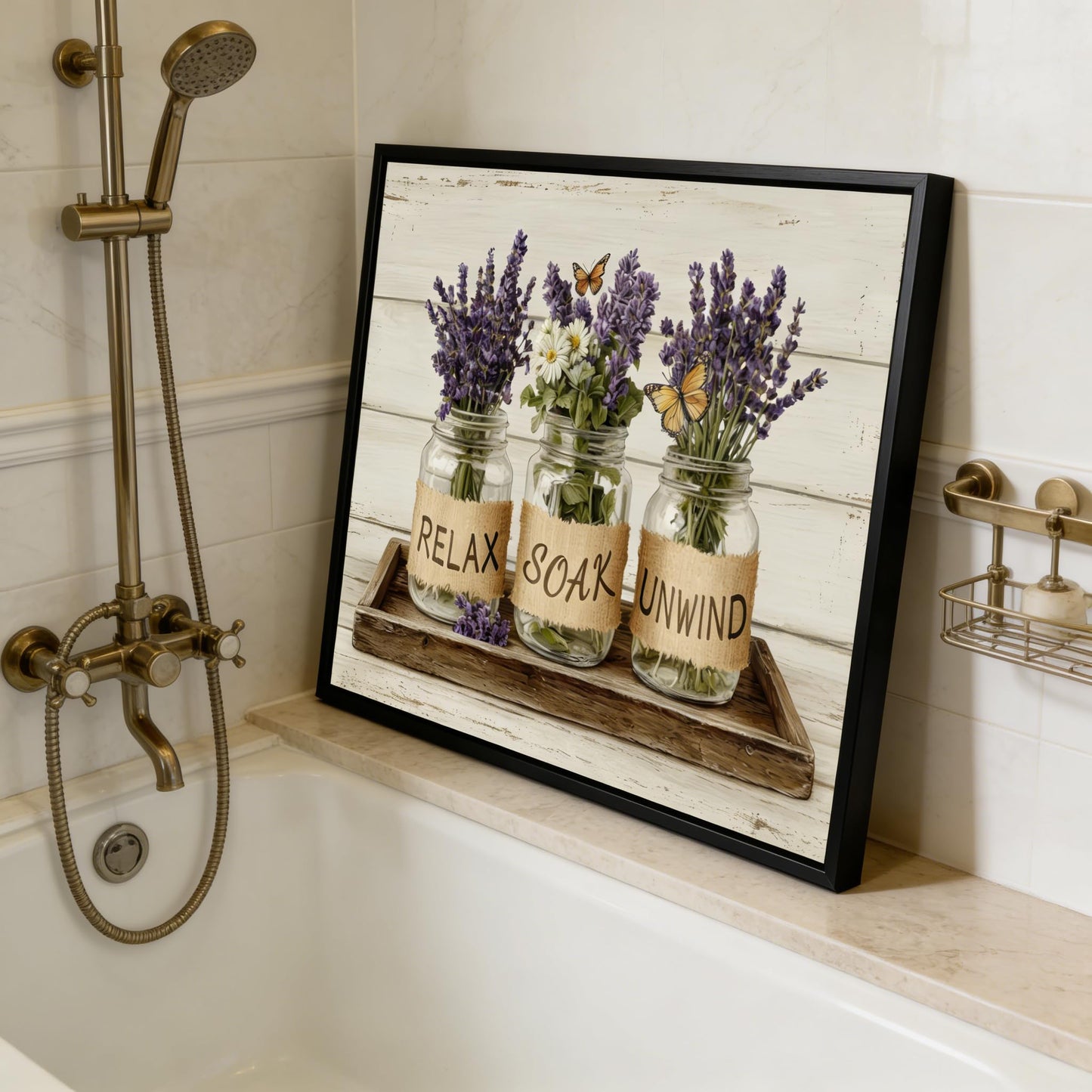 Black Framed Farmhouse Bathroom Wall Art Rustic Lavender Flower Wall Decor Relax Soak Unwind Bathroom Posters Prints for Spa Bathroom 8x10 Inch