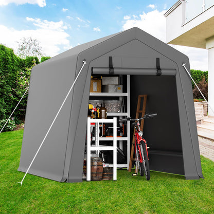 Portable Carport Storage Shed, 6' x 6' Motorcycle Tent, Waterproof & UV-Resistant with Roll-Up Zipper Doors, Gray Outdoor Shelter for Bikes, Tools & Equipment